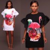 Women Plus Size T-shirt Dress Colorblock Bird Floral Print Appliqued Ruffle Sleeve Casual Loose Mini One-Piece