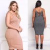 Sexy Women Large Size Knitted Slip Dress V Neck Sleeveless Solid Slim Bodycon Plus Size Knitting Dress Grey/Pink