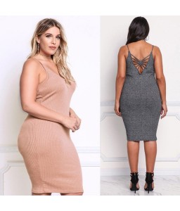 Sexy Women Large Size Knitted Slip Dress V Neck Sleeveless Solid Slim Bodycon Plus Size Knitting Dress Grey/Pink