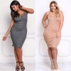 Sexy Women Large Size Knitted Slip Dress V Neck Sleeveless Solid Slim Bodycon Plus Size Knitting Dress Grey/Pink