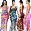 Sexy Women Bodycon Maxi Long Dress Sleeveless Tassel Gradient O-Neck Beach Casual Slim Dresses