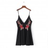 Fashion Women Mini Dress Deep V-Neck Spaghetti Strap Embroidery Folded Zipper Summer Dress Black