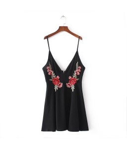 Fashion Women Mini Dress Deep V-Neck Spaghetti Strap Embroidery Folded Zipper Summer Dress Black