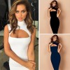 Sexy Hot Women Midi Tank Dress Solid Cut Out Front High Cowl Neck Sleeveless Bandage Bodycon Nightclub One-Piece