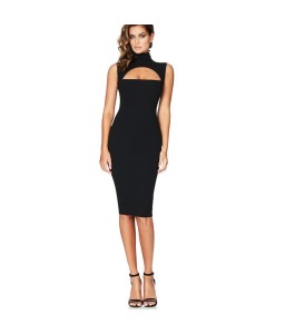 Sexy Hot Women Midi Tank Dress Solid Cut Out Front High Cowl Neck Sleeveless Bandage Bodycon Nightclub One-Piece