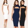 Sexy Hot Women Midi Tank Dress Solid Cut Out Front High Cowl Neck Sleeveless Bandage Bodycon Nightclub One-Piece