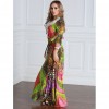 Women Plus Size Muslim Dress Colorful Crochet Lace V Neck High Waist Tied Belt Long Gown Islamic Robe