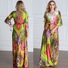 Women Plus Size Muslim Dress Colorful Crochet Lace V Neck High Waist Tied Belt Long Gown Islamic Robe