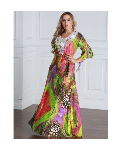 Women Plus Size Muslim Dress Colorful Crochet Lace V Neck High Waist Tied Belt Long Gown Islamic Robe