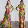 Women Plus Size Muslim Dress Colorful Crochet Lace V Neck High Waist Tied Belt Long Gown Islamic Robe