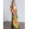 Women Plus Size Muslim Dress Colorful Crochet Lace V Neck High Waist Tied Belt Long Gown Islamic Robe