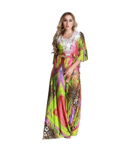 Women Plus Size Muslim Dress Colorful Crochet Lace V Neck High Waist Tied Belt Long Gown Islamic Robe