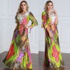 Women Plus Size Muslim Dress Colorful Crochet Lace V Neck High Waist Tied Belt Long Gown Islamic Robe