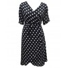 Women Polka Dot Chiffon Dress Deep V Neck Short Sleeves Cross Overlap Vintage Dress Plus Size Black