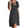 Women Polka Dot Chiffon Dress Deep V Neck Short Sleeves Cross Overlap Vintage Dress Plus Size Black