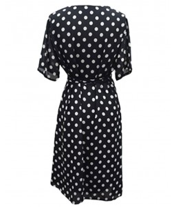 Women Polka Dot Chiffon Dress Deep V Neck Short Sleeves Cross Overlap Vintage Dress Plus Size Black