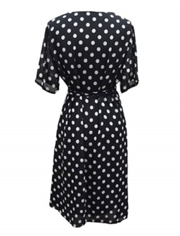 Women Polka Dot Chiffon Dress Deep V Neck Short Sleeves Cross Overlap Vintage Dress Plus Size Black