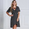 Women Polka Dot Chiffon Dress Deep V Neck Short Sleeves Cross Overlap Vintage Dress Plus Size Black