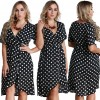 Women Polka Dot Chiffon Dress Deep V Neck Short Sleeves Cross Overlap Vintage Dress Plus Size Black