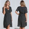 Women Polka Dot Chiffon Dress Deep V Neck Short Sleeves Cross Overlap Vintage Dress Plus Size Black