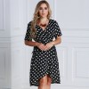 Women Polka Dot Chiffon Dress Deep V Neck Short Sleeves Cross Overlap Vintage Dress Plus Size Black