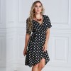 Women Polka Dot Chiffon Dress Deep V Neck Short Sleeves Cross Overlap Vintage Dress Plus Size Black