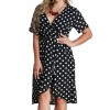 Women Polka Dot Chiffon Dress Deep V Neck Short Sleeves Cross Overlap Vintage Dress Plus Size Black