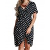 Women Polka Dot Chiffon Dress Deep V Neck Short Sleeves Cross Overlap Vintage Dress Plus Size Black