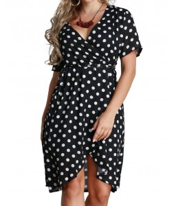 Women Polka Dot Chiffon Dress Deep V Neck Short Sleeves Cross Overlap Vintage Dress Plus Size Black