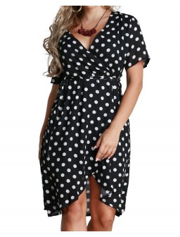 Women Polka Dot Chiffon Dress Deep V Neck Short Sleeves Cross Overlap Vintage Dress Plus Size Black