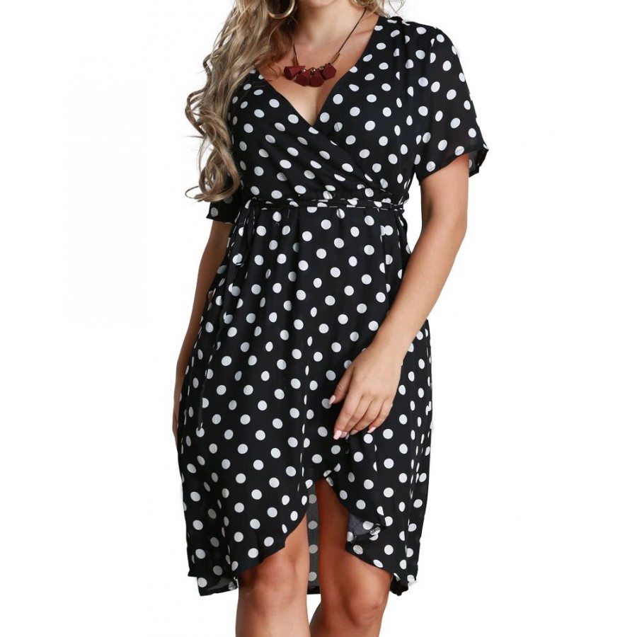 Women Polka Dot Chiffon Dress Deep V Neck Short Sleeves Cross Overlap Vintage Dress Plus Size Black