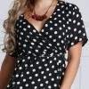 Women Polka Dot Chiffon Dress Deep V Neck Short Sleeves Cross Overlap Vintage Dress Plus Size Black