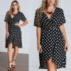 Women Polka Dot Chiffon Dress Deep V Neck Short Sleeves Cross Overlap Vintage Dress Plus Size Black