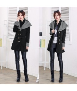 Autumn Winter Fashion Women Coat Contrast Big Lapel Double Breasted Epaulette Outerwear Black