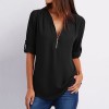 New Women Chiffon Blouse Plus Size V-neck Roll Up Sleeve Zipper Tunic Tops Summer Casual Loose Shirt