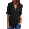 New Women Chiffon Blouse Plus Size V-neck Roll Up Sleeve Zipper Tunic Tops Summer Casual Loose Shirt