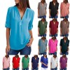 New Women Chiffon Blouse Plus Size V-neck Roll Up Sleeve Zipper Tunic Tops Summer Casual Loose Shirt