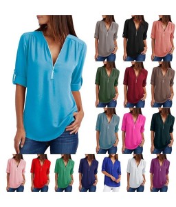 New Women Chiffon Blouse Plus Size V-neck Roll Up Sleeve Zipper Tunic Tops Summer Casual Loose Shirt