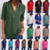 New Women Chiffon Blouse Plus Size V-neck Roll Up Sleeve Zipper Tunic Tops Summer Casual Loose Shirt