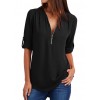 New Women Chiffon Blouse Plus Size V-neck Roll Up Sleeve Zipper Tunic Tops Summer Casual Loose Shirt