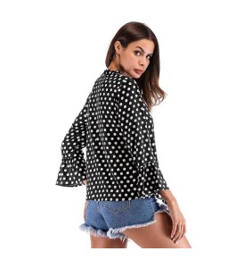 New Sexy Women Blouse Polka Dot Deep V Neck Flare Long Sleeve Bandage Short Style Casual Crop Top