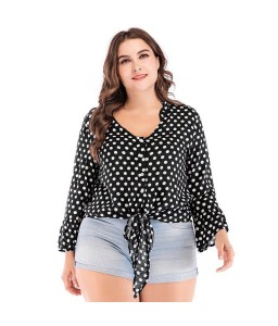 New Sexy Women Blouse Polka Dot Deep V Neck Flare Long Sleeve Bandage Short Style Casual Crop Top