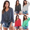 New Sexy Women Blouse Polka Dot Deep V Neck Flare Long Sleeve Bandage Short Style Casual Crop Top