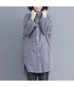 Striped Hooded Jacket Front Buttons Long Sleeve Asymmetric Hem Spring Loose Coat Outerwear