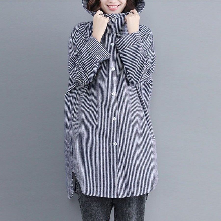 Striped Hooded Jacket Front Buttons Long Sleeve Asymmetric Hem Spring Loose Coat Outerwear