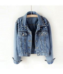 New Fashion Women Denim Jackets Beads Button Long Sleeve Slim Streetwear Jeans Coat Sprint Outfit Blue