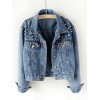 New Fashion Women Denim Jackets Beads Button Long Sleeve Slim Streetwear Jeans Coat Sprint Outfit Blue