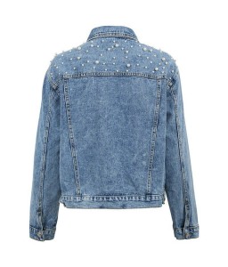 New Fashion Women Denim Jackets Beads Button Long Sleeve Slim Streetwear Jeans Coat Sprint Outfit Blue