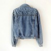 New Fashion Women Denim Jackets Beads Button Long Sleeve Slim Streetwear Jeans Coat Sprint Outfit Blue