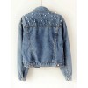 New Fashion Women Denim Jackets Beads Button Long Sleeve Slim Streetwear Jeans Coat Sprint Outfit Blue